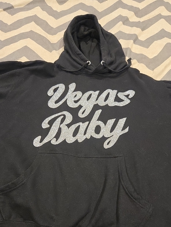 Tops - Black Hoodie with Silver 'Vegas Baby' Glitter Script